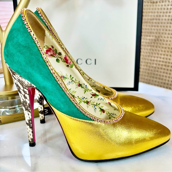 Gucci Metallic Nappa Kid Scamosciato Elaphe Snakeskin Pumps in Emerald Roccia - Picture 5 of 10